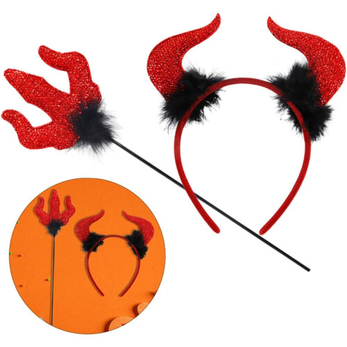 4sets Halloween Set Demon Horns Kit Bandeira de cabeça assustadora e cana de tridente 2
