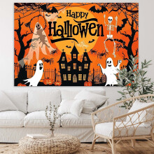 Theme Fabric Banner Background with Pumpkin Bat Moon Design
