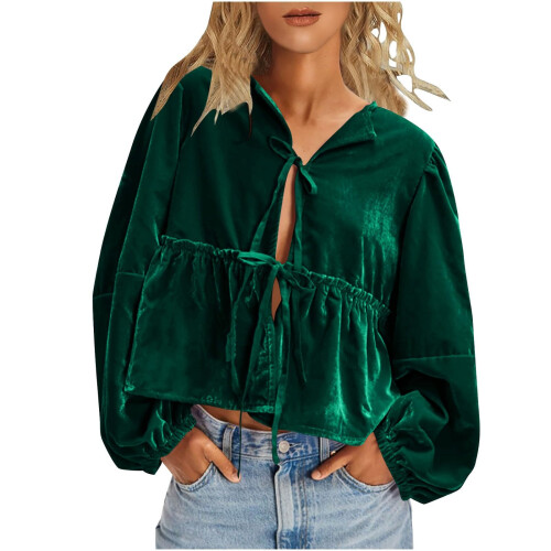 Women's Flowy Puff Sleeve  Top, V-neck, Bow Front,-dargreen XL