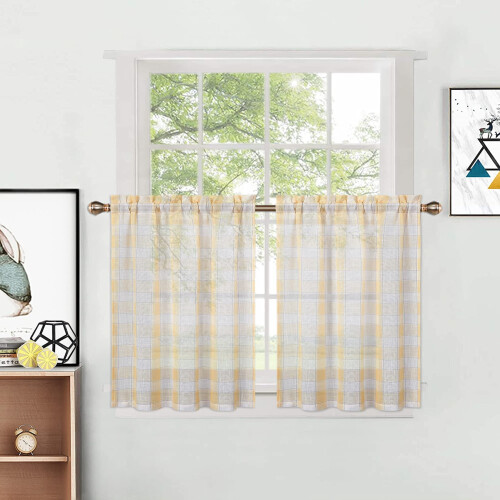 Halbtransparente Scheibengardinen mit Büffelkaromuster, 66 cm breit x 91 cm lang, Set 1