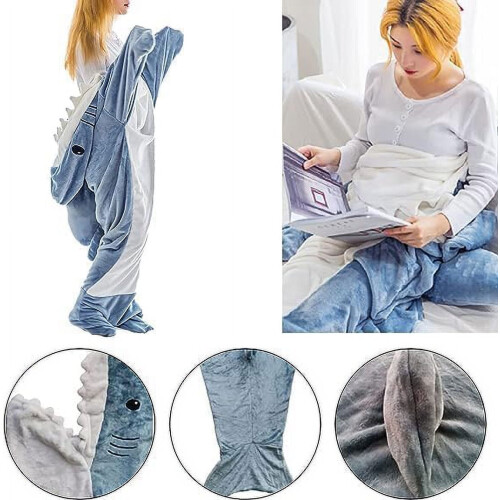 Shark hættetæppe til voksne, flannelfleece, én størrelse 2