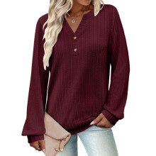 Solid Color Casual Blouse Long Sleeve V Neck Loose-Burgundy XXL