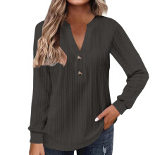 Women's V Neck Top Long Sleeve Loose Fit Sun-Dark Grey L