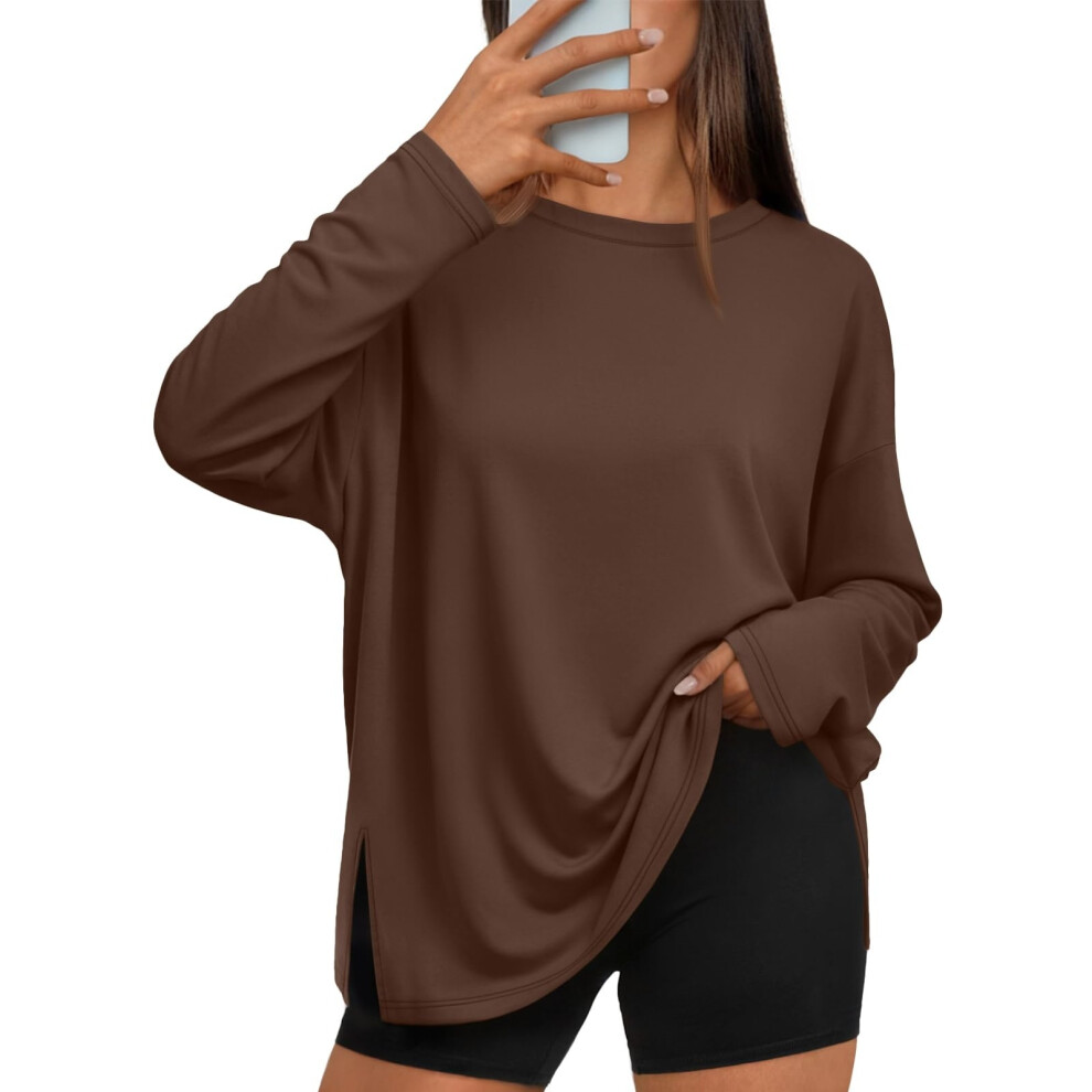Brown Oversized Side Slit Tshirts For Women Long Sleeve- S