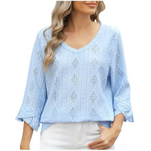 Women's hollowed-out V-neck blouse, elegant-Blue M