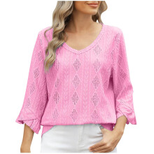 Women's hollowed-out V-neck blouse, elegant-Pink XL