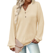 Easy Matching Women's Casual Top Long Sleeve V Neck-Khaki XXXL