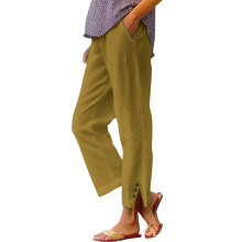 Women's cotton and linen casual straight wide-leg-Yellow XL