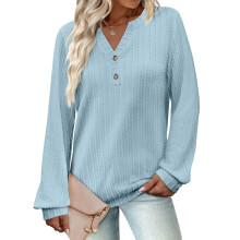 Women's Casual Long Sleeve V Neck Blouse Loose Fit-Sky Blue L