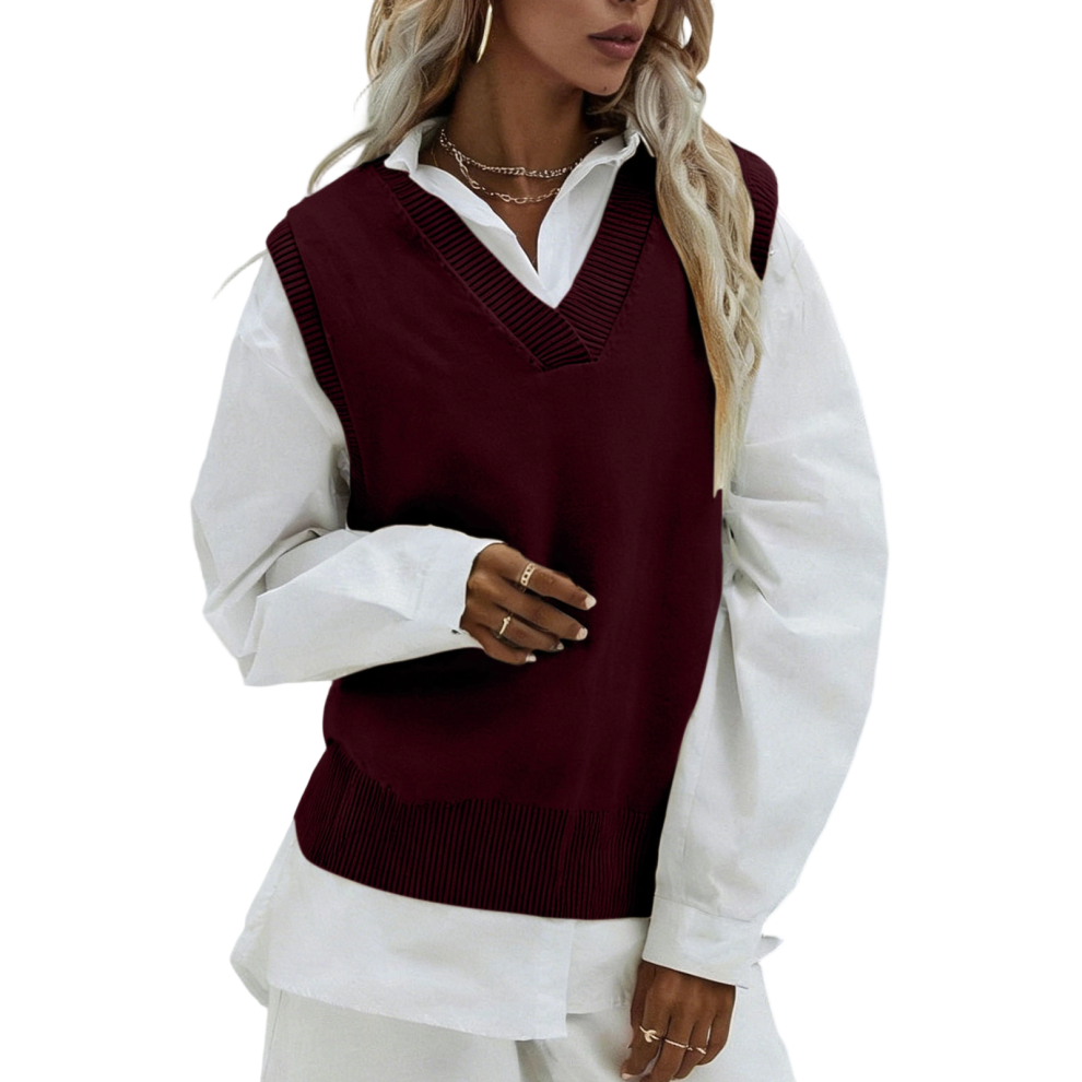 Burgundy Women's V-Neck Sweater Vest, Sleeveless Ribbed- Xxl