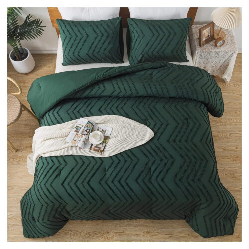 Dark Emerald Green Comforter Set Boho Tufted 3-Piece 2