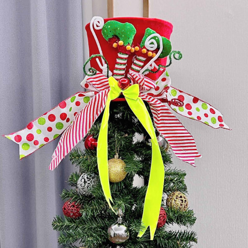 Christmas tree topper red top hat with peppermint bows 1