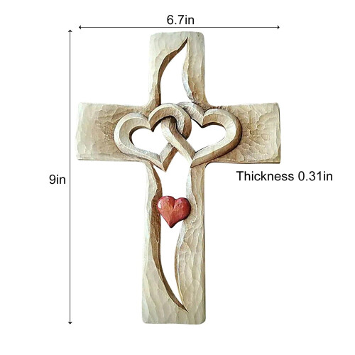 Croix en bois sculpté avec cœurs entrelacés - Décoration murale 1