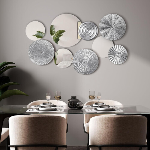 Mirror Wall Decor Set Silver Metal Round Plates 9 pcs 1