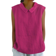 Cotton Linen Shirts for Women Sleeveless Collared Loose-Red S