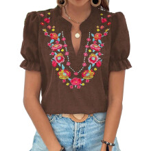 Women's V-neck floral embroidered bubble short-sleeved-Brown L