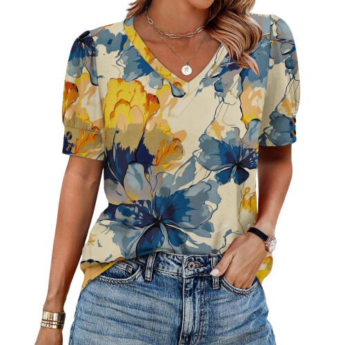 Women's  Short Sleeve Button-Down V-Neck Shirts rSets -Beige M 1