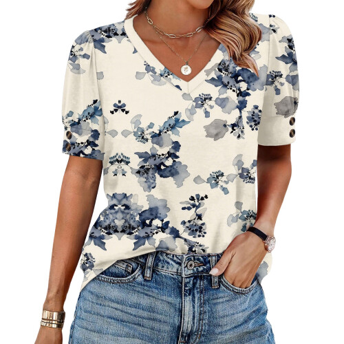 Women's  Short Sleeve Button-Down V-Neck Shirts rSets -Brown L 2