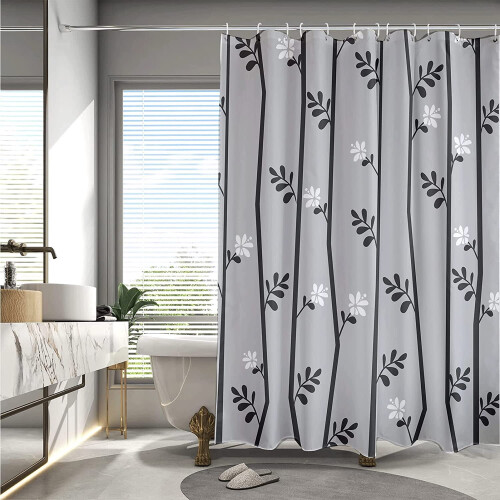 Shower Curtain Grey White 72x72in with 12 Hooks 2