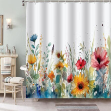 Watercolor Floral Shower Curtain Set Pastel Yellow Blue