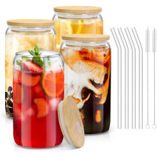 Glass Cups with Bamboo Lids and Straws 4 pcs 16 oz