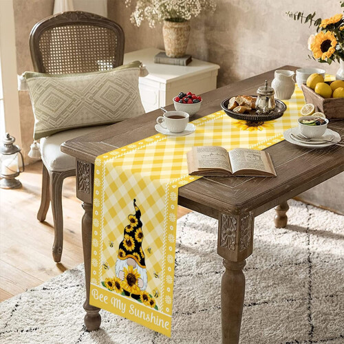 Sunflower Gnome Table Runner 13x108 in Linen Blend 2