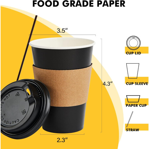 Μαύρα χάρτινα ποτήρια καφέ 12oz με καπάκια και μανίκια Kraft 1