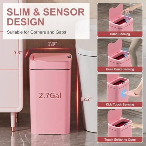 2.7 Gal Touchless Bathroom Trash Can with Lid – Slim, 2