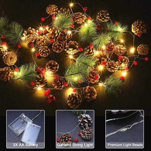 Guirlanda de Natal com 20 LEDs em formato de pinha e frutinhas vermelhas, 8 1