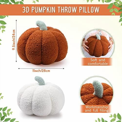 2 Pack Pumpkin Shaped Throw Pillows 28 x 24 cm White & Brown 1