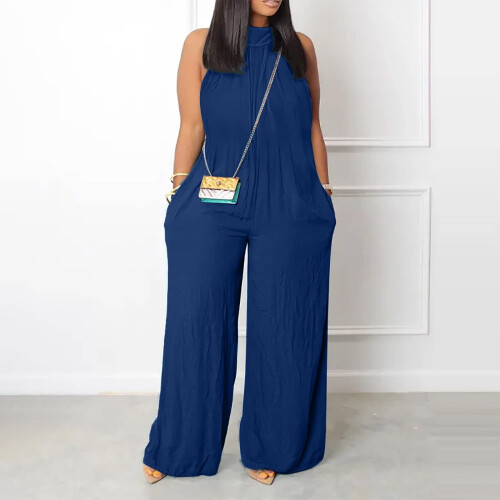 Women's Plus Size Linen Wide Leg Jumpsuit Navy 1