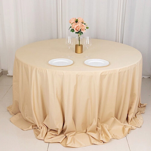 Beige Scuba-Polyester-Rundtischdecke, 132 Zoll 1