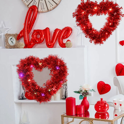 Rød glitterhjertekrans med LED-lys 30 cm 2