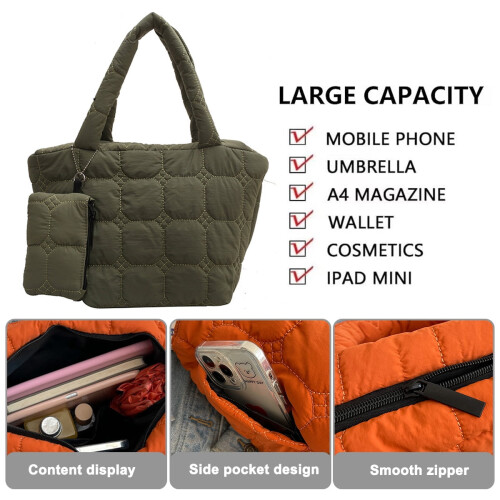 Bolsa de algodão acolchoada feminina – Verde, Grande 2