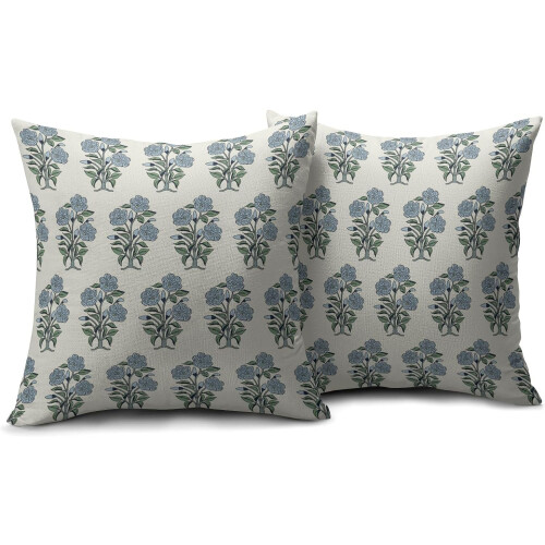 Conjunto de 2 capas de almofada em linho com estampa floral azul e verde, 45x45cm (18x18 polegadas). 1