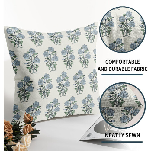 Conjunto de 2 capas de almofada em linho com estampa floral azul e verde, 45x45cm (18x18 polegadas). 2