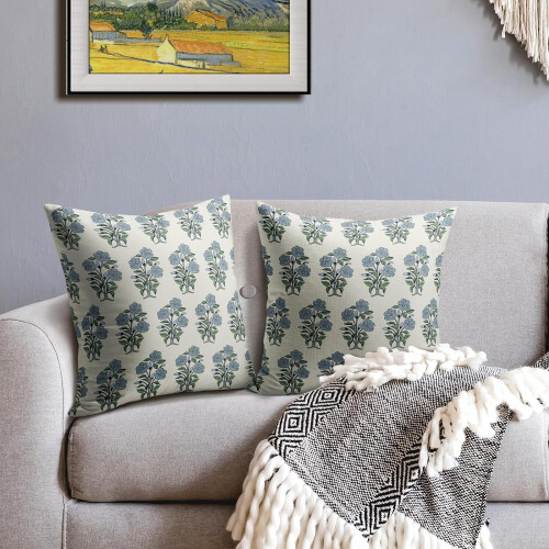 Conjunto de 2 capas de almofada em linho com estampa floral azul e verde, 40x40cm (16x16 polegadas). 1