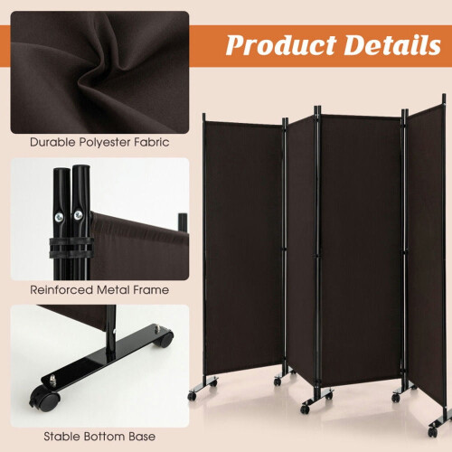 Room Divider Panel Brown 4-Panel 6 Feet with Lockable Wheels 2