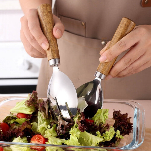 Juego de tenedor y cuchara de ensalada vintage – Mango de bambú, plateado 2