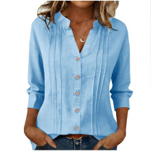 Women's cotton and linen top, three-quarter sleeve-Blue L