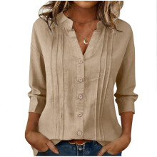 Women's cotton and linen top, three-quarter sleeve-Khaki L