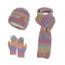 (Colorful) 3Pcs Women Winter Hat Scarf Gloves Set Thickened Velvet Lining Knitting Hat Long Scarf Touch Screen Gloves Set Winter Accessories