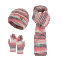 (Rose Red) 3Pcs Women Winter Hat Scarf Gloves Set Thickened Velvet Lining Knitting Hat Long Scarf Touch Screen Gloves Set Winter Accessories