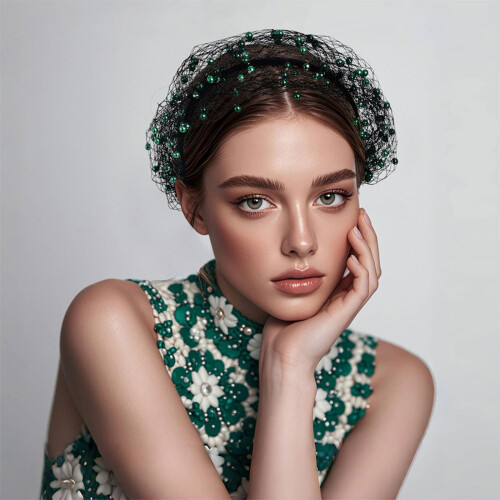 Bandeau élégant couvrant le visage avec perles décorées,-Blanc 2
