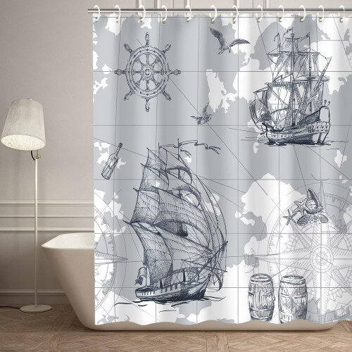 Perdea de duș cu model nautic, 72x72in, cu 12 cârlige 2