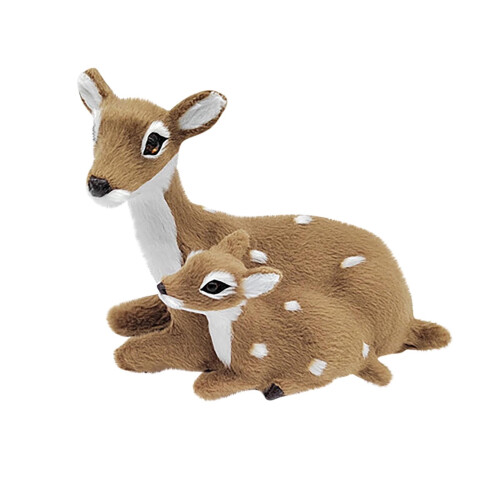 Ornament cerb mamă și căprioară, plastic cu blană artificială, 14 cm 2