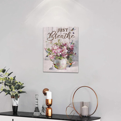 Toile imprimée « Rose rose de ferme avec colibri » 'Respire simplement' 1