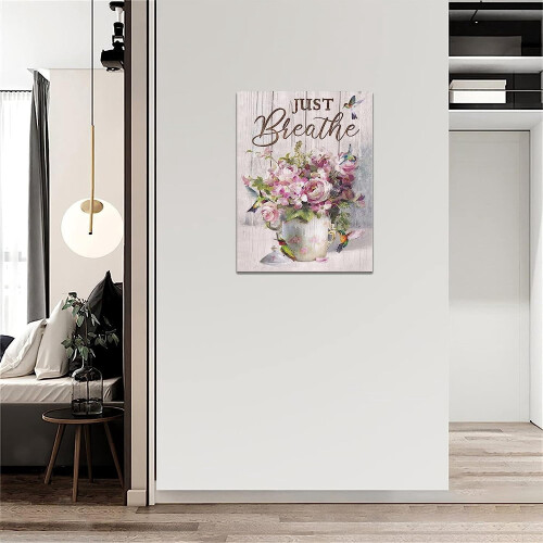 Toile imprimée « Rose rose de ferme avec colibri » 'Respire simplement' 2