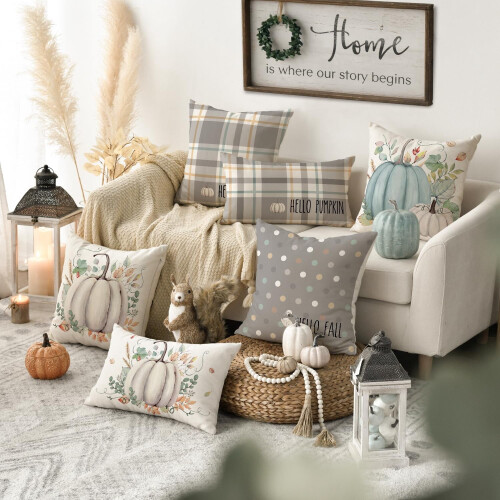 Housse de coussin citrouille d'automne, polyester, 45 x 45 cm, lot de 4 1