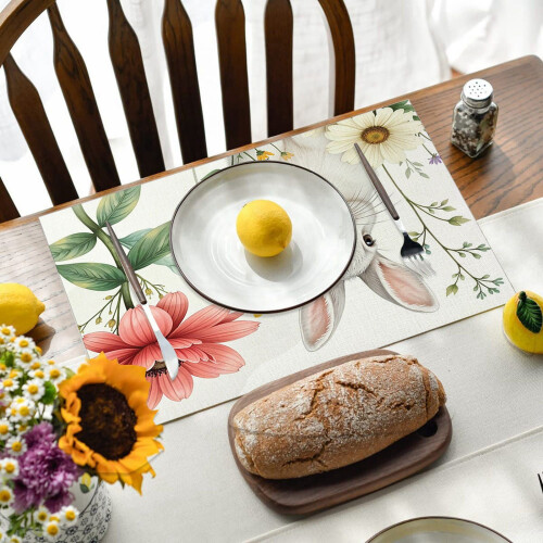 Sets de table de Pâques à motif lapin, en lin, lot de 4 1